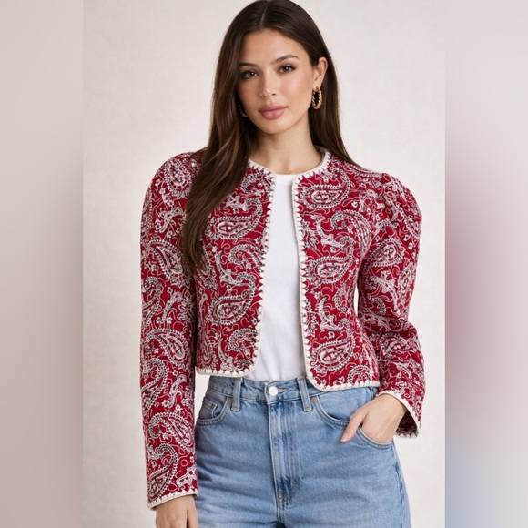 Sea New York Red Paisley Quilted Look Cropped Jacket Artsy Whimsical Chic Small - Picture 3 of 8